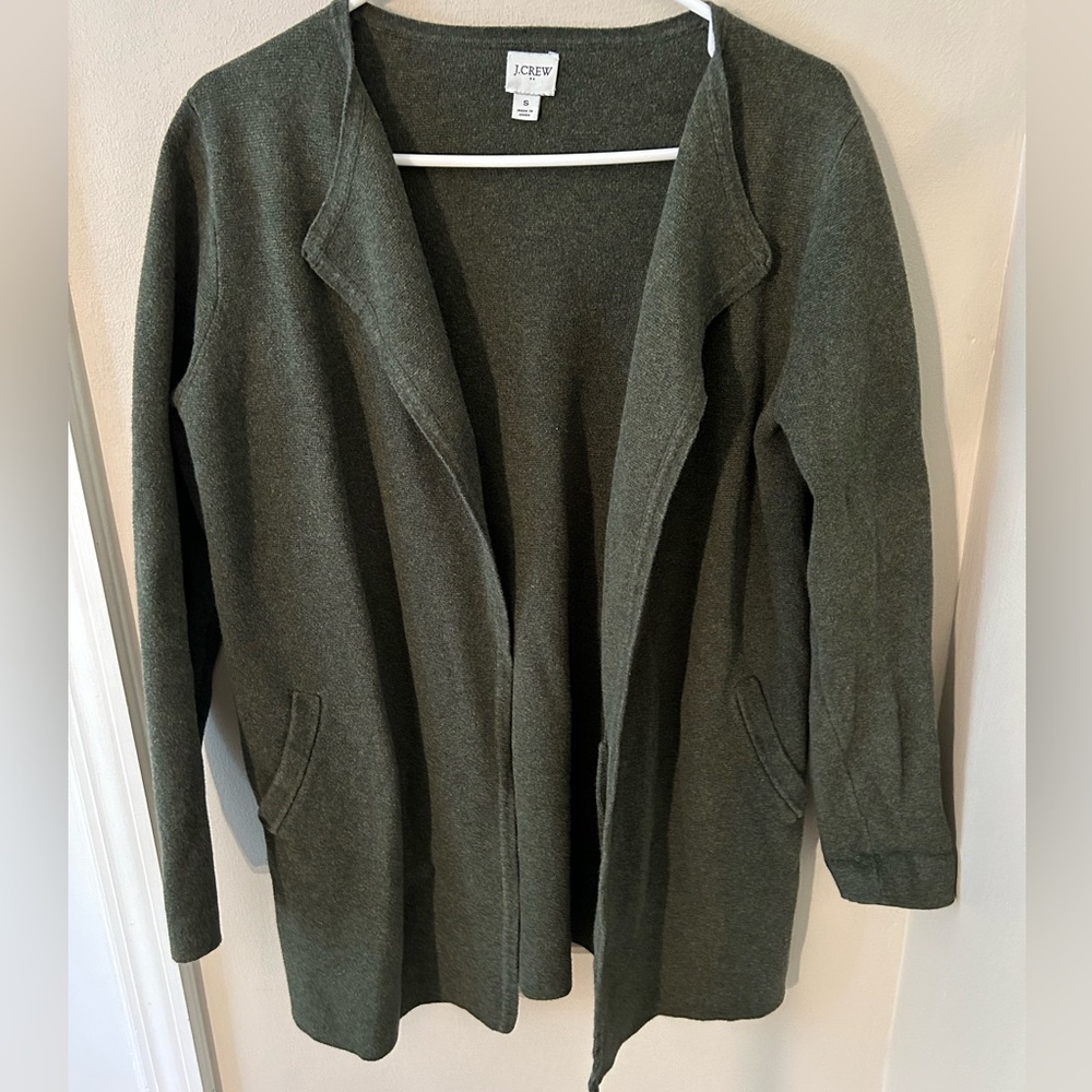 J CREW OLIVE GREEN OPEN FRONT COTTON CARDIGAN WITH POCKETS SIZE SMALL